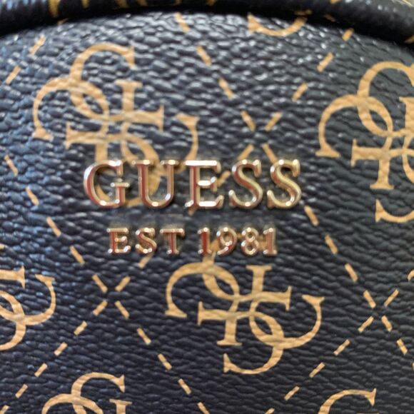 GUESS Mini Backpack Brown Logo Print Faux Leather Monogram Bag - Picture 2 of 13
